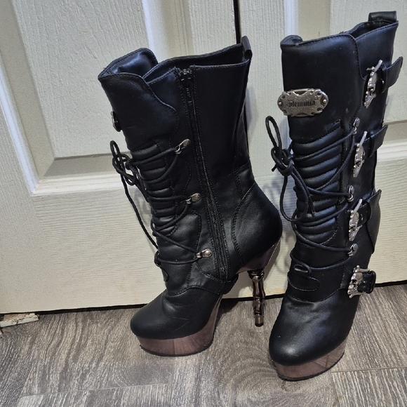 Muerto Gothic Finger Bone Heel Skull Buckle Mid Calf Boots Demonia 1026 Sz 7 - Picture 3 of 15